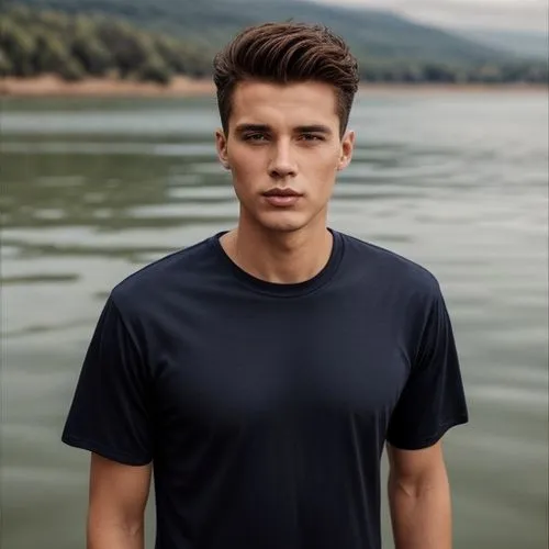 portrait of a male model, wearing an all-flat navy-blue t-shirt, on a vintage lake background. ,male model,george russell,long-sleeved t-shirt,lukas 2,austin stirling,charles leclerc,polo shirt,navy,y