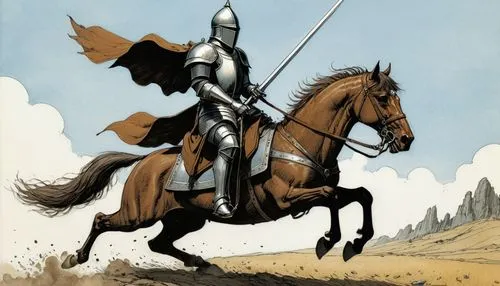 don quixote,cavalry,horseman,crusader,knight,knight tent,bronze horseman,jousting,joan of arc,horseback,cuirass,knight armor,excalibur,genghis khan,king arthur,conquistador,heroic fantasy,iron mask hero,bactrian,camelot,Illustration,Japanese style,Japanese Style 08