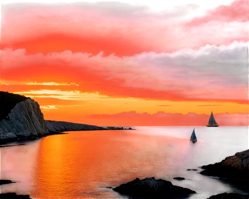 Warm sunset, over ocean, dramatic sky, vibrant orange hues, soft pink clouds, gentle waves, seagulls flying, sailboat in distance, rocky coastline, 3/4 composition, panoramic view, shallow depth of fi