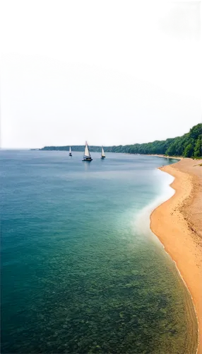 Lake Michigan, serene landscape, calm waters, soft sunlight reflection, sailboats in distance, sandy shoreline, rocky coast, gentle waves, misty morning atmosphere, panoramic view, 3/4 composition, wa