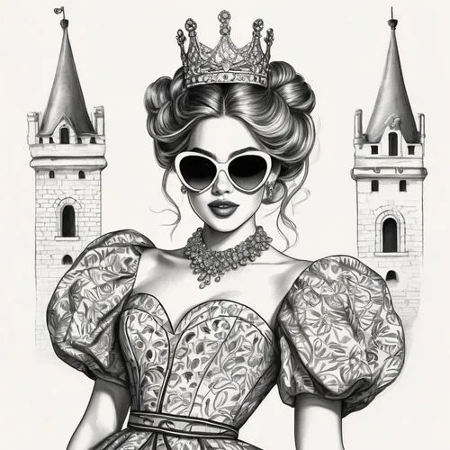 noblewoman,queen of hearts,princess crown,miss circassian,coloring page,paris clip art,Illustration,Black and White,Black and White 30