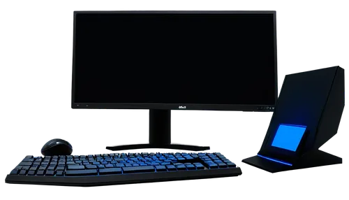 Modern desktop computer, sleek design, black casing, glowing blue LED lights, HD monitor, QWERTY keyboard, ergonomic mouse, clutter-free desk, softbox lighting, 3/4 composition, shallow depth of field