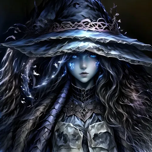 blue enchantress,witch's hat icon,the hat of the woman,winterblueher,sorceress,suit of the snow maiden,witch's hat,the hat-female,the snow queen,dark elf,violet head elf,fantasy portrait,ice queen,witch hat,the blue eye,the enchantress,elven,priestess,fantasy art,summoner