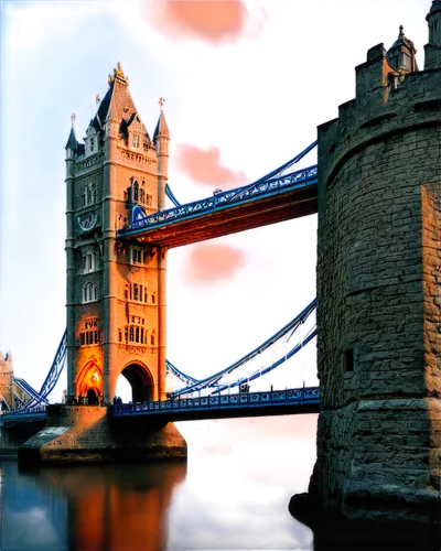 Tower Bridge, London, morning fog, golden hour, majestic architecture, stone walls, Gothic towers, suspension bridge, River Thames, cityscape, misty atmosphere, warm lighting, 3/4 composition, shallow