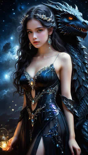 fantasy picture,fantasy art,fantasy woman,queen of the night,heroic fantasy,black dragon,dark angel,3d fantasy,faery,fantasy portrait,sorceress,fantasy girl,fairy tale character,mythological,faerie,wyrm,fairy queen,the enchantress,horoscope libra,the zodiac sign pisces,Conceptual Art,Fantasy,Fantasy 11