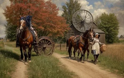 woman delivering food from horse and buggy to church,old wagon train,autumn chores,covered wagon,straw cart,handcart,amish hay wagons,straw carts,horse and buggy,amish,mennonite heritage village,thres