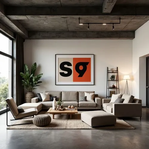 Minimalist living room, industrial chic atmosphere, concrete floors, metal beam ceilings, functional furniture, geometric shapes, primary color accents, bold typography, avant-garde art pieces, eclect