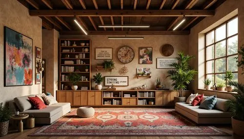 loft,living room,sitting room,livingroom,interior decor,home interior,bohemian art,moroccan pattern,boho art style,contemporary decor,interiors,great room,interior design,kilim,wooden beams,modern decor,interior decoration,bookcases,alcove,boho art