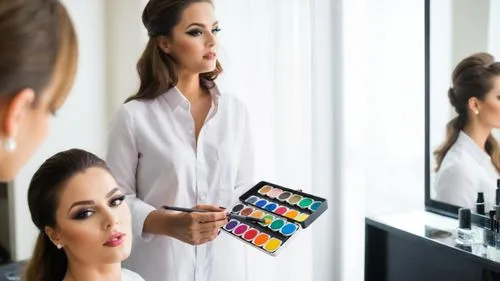 beautiful woman makeup artist in a hair salon,a woman in a white shirt is looking in a mirror while she has her eyes painted with multicolors,women's cosmetics,cosmetics counter,makeup artist,bussines