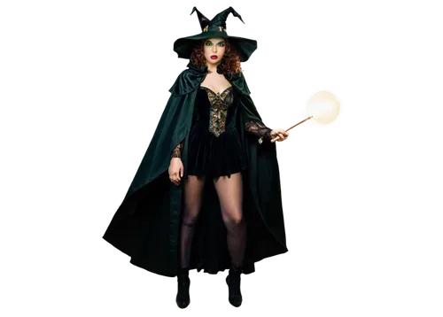 Witch, dark magic, mysterious, pointy hat, broomstick, black cat, solo, (25yo), pale skin, red lips, curly brown hair, piercing green eyes, intricate tattoo on cheek, velvet cloak, lace gloves, crysta