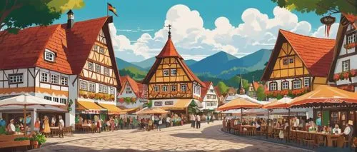 oktoberfest background,highstein,medieval market,escher village,half-timbered houses,oberammergau,bavarian swabia,knight village,oktoberfest,butzer,alpine village,medieval town,zakopane,butka,townscapes,thun,germania,biergarten,townsquare,wallenstein,Illustration,Japanese style,Japanese Style 06