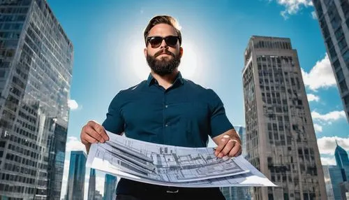 Modern architect, male, 30s, casual wear, black glasses, short hair, beard, holding blueprints, standing in front of a skyscraper, urban cityscape, sunny day, bright blue sky, few white clouds, strong