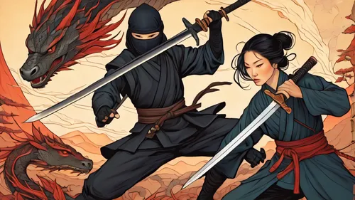 mulan,yi sun sin,dragon li,dragon slayer,samurai fighter,samurai,dragon of earth,chinese dragon,swordsman,samurai sword,dragons,dragon fire,dragon slayers,ninjas,swordsmen,katana,wushu,kenjutsu,black dragon,heroic fantasy,Illustration,Japanese style,Japanese Style 15