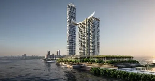 8k render, ultra realistic, cinematic, tall residential building with large windows on each floor, garden on the terrace and a dynamic facade podium with mumbai skyline in the background and multiples