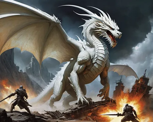 Imagine a post-apocalyptic world where the white dragon is the last hope for humanity's survival. Describe the epic battle that ensues.,heroic fantasy,dragon of earth,black dragon,dragon fire,draconic