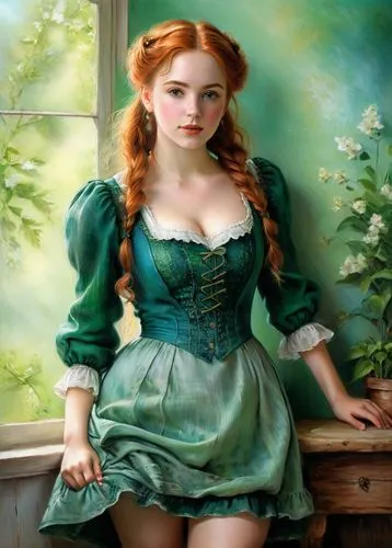 emile vernon,portrait of a girl,young woman,girl in the garden,fantasy portrait,redhead doll,romantic portrait,celtic woman,mystical portrait of a girl,victorian lady,young lady,poison ivy,redheads,princess anna,fairy tale character,oil painting on canvas,oil painting,girl sitting,celtic queen,girl on the stairs,Conceptual Art,Daily,Daily 32