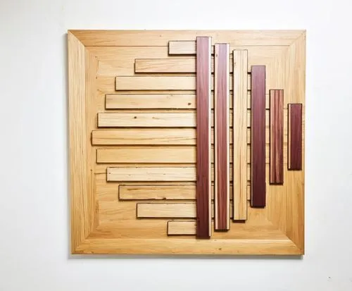 a wall decor made of wood and maroonmetal against a white background,a clock made from various wood pieces on a white wall,wooden stair railing,wooden stairs,wooden ladder,wooden shelf,escaleras,newel