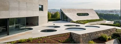 put city view in the back , do not touch anything else other than view and environment ,goetheanum,mikveh,mikvah,exposed concrete,roof terrace,futuristic architecture,modern architecture,roof garden,z