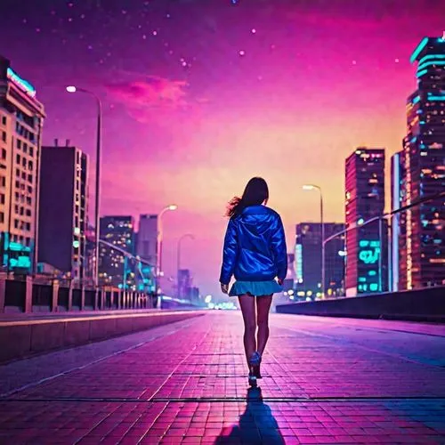 colorful city,girl walking away,ultraviolet,city lights,neon lights,citylights,Photography,General,Realistic