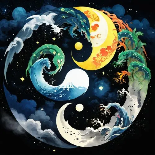 yinyang,shenlong,yin yang,dragon of earth,moondragon,samudra,taoism,moon and star background,koru,sun and moon,phase of the moon,mother earth,universo,celestial bodies,earth chakra,crescent moon,little planet,zodiacs,colorful spiral,threadless,Illustration,Japanese style,Japanese Style 05