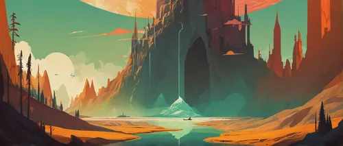 Describe a serene fantasy realm where Matt Visser's theories come to life.,futuristic landscape,barren,fantasy landscape,mushroom landscape,canyon,earth rise,alien world,alien planet,volcanic landscap