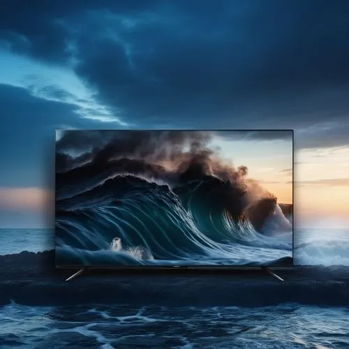 a philips televsion with dark black land with dark light smoke effect on the backround on the picture  with sea water on front make it origil 
,the tv has a wave on it in the ocean,plasma tv,ocean bac