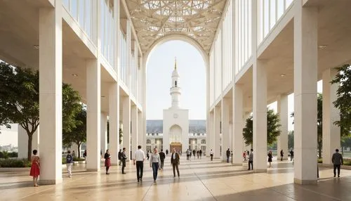 Minimalist mosque, sleek white marble, slender columns, airy vaulted ceilings, stained glass windows, intricate geometric patterns, natural light pouring in, warm beige stone floors, modern Islamic ar