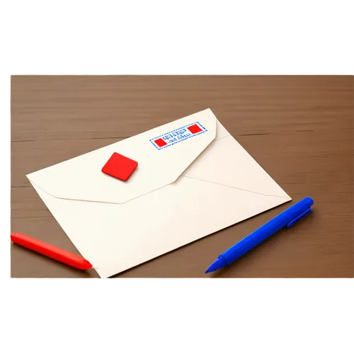 Letter, white envelope, red stamp, blue ink pen, wooden desk, scattered papers, warm lighting, shallow depth of field, 3/4 composition, realistic texture, soft focus background.,icon e-mail,envelope,a