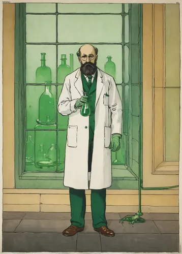 apothecary,laboratory flask,edward lear,chemist,absinthe,cartoon doctor,erlenmeyer,theoretician physician,pathologist,erlenmeyer flask,biologist,crème de menthe,pharmacist,covid doctor,physician,johannes brahms,veterinarian,orsay,adolphe,art nouveau frames,Illustration,Retro,Retro 22