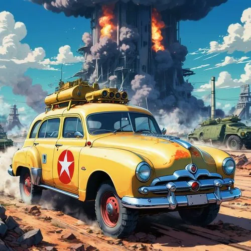 volkswagon,medic,cartoon car,civil defense,retro vehicle,atomic age,Illustration,Japanese style,Japanese Style 03