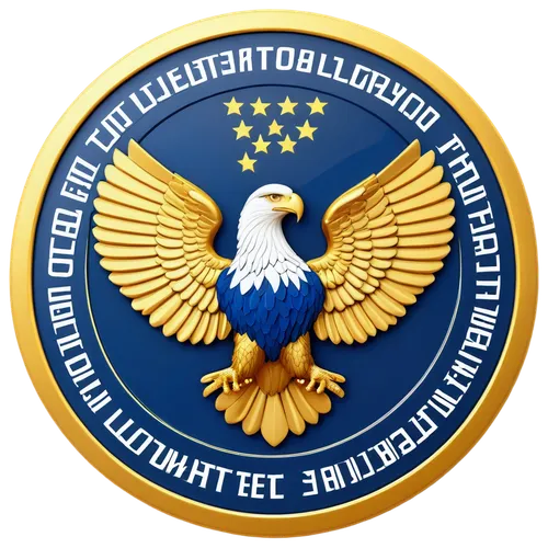 Government policy logo, blue and white colors, circular shape, bold font, abstract eagle emblem, 3D metallic texture, golden accents, centered composition, soft lighting, high-contrast shading, detail