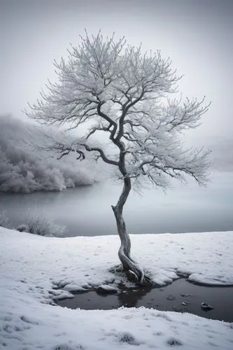 Frosty winter landscape, snow-covered mountains, frozen lake in the distance, frosty trees with icy branches, sparkling snowflakes gently falling from the sky, a lone frostbitten tree standing tall in