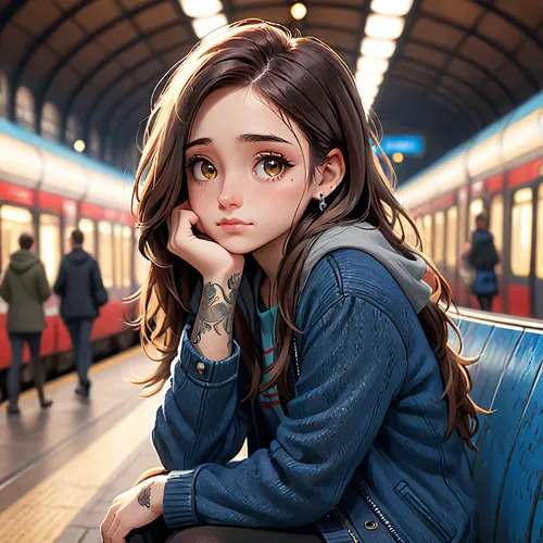 the girl at the station,girl portrait,worried girl,girl sitting,girl in a long,train ride,girl with speech bubble,girl drawing,train,anime girl,city ​​portrait,young girl,world digital painting,kids illustration,anime cartoon,nico,last train,girl studying,digital painting,south korea subway,Anime,Anime,Cartoon