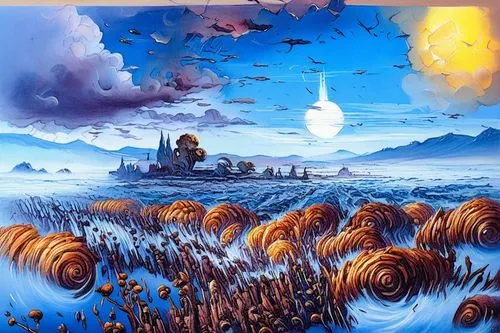 a painting with some paintings of a big city in the background,futuristic landscape,nausicaa,barsoom,mushroom island,fantasy landscape,mystara,Illustration,Realistic Fantasy,Realistic Fantasy 32