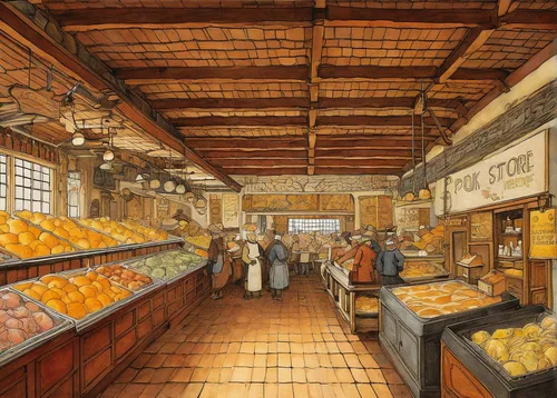 bakery,grocer,spice market,souk,the market,fruit market,medieval market,old gouda,brandy shop,covered market,fontina val d'aosta cheese,watercolor shops,market,watercolor paris shops,bakery products,stalls,breadbasket,saint-paulin cheese,gruyere,market introduction,Illustration,Retro,Retro 19