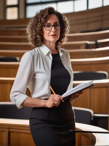 Modern university campus, dissertation defense scene, mature lady professor, standing, confident posture, glasses perched on nose, curly brown hair, subtle makeup, formal attire, white blouse, black p