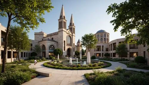 Sacred church building, harmonious landscape integration, lush greenery, meandering walkways, serene water features, spiritual sculptures, natural stone walls, stained glass windows, elegant arches, i