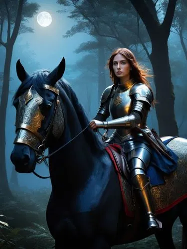 female knight with full old plate armour decorated by gold and red element pattern , blue eyes , Spreading her brown hair and  , on the mysterious black horse , be in the dark forest , full of high an