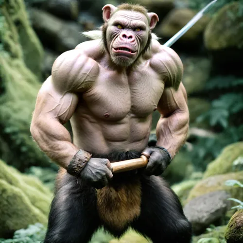 stone age neanderthal chimpanzee orc warrior clothing dark fur pants holding a stone dagger temperate rainforest,ape,barbarian,war monkey,bodybuilding,chimp,tarzan,chimpanzee,monkey soldier,gorilla,ki