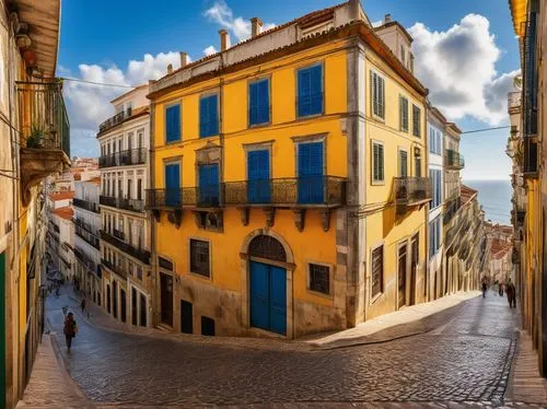 Historic Portuguese architecture, Manueline style, ornate stone carvings, grandiose facades, intricate balconies, azulejo tiles, colorful ceramic decorations, narrow cobblestone streets, Fado music pl