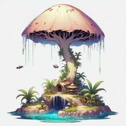 mushroom island,mushroom landscape,floating island,island suspended,tree mushroom,floating islands,Illustration,Abstract Fantasy,Abstract Fantasy 11