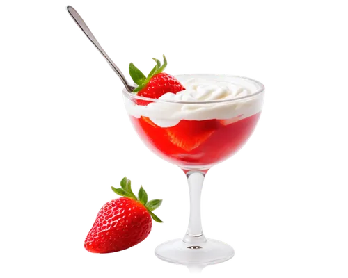 Strawberries with cream, dessert, sweet treats, fresh strawberries, juicy pulp, white cream, swirling patterns, delicate texture, glass cup, silver spoon, natural lighting, warm color tone, shallow de