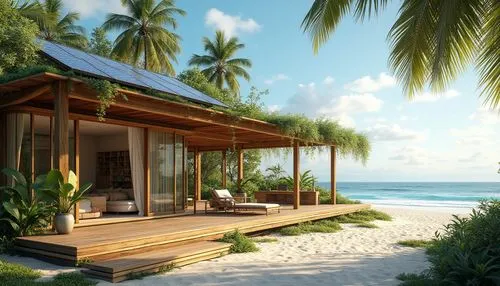 Beachside villa, eco-friendly architecture, large windows, solar panels, green roof, wooden decking, recycling bins, composting area, energy-efficient lighting, sustainable materials, minimalist inter