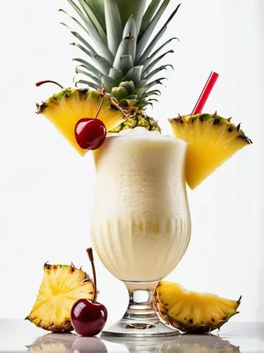 Pina Colada, cocktail, tropical fruit, pineapple wedge, cherry on top, straw, ice, creamy texture, white background, soft lighting, shallow depth of field, warm atmosphere, summer vibe, refreshing dri