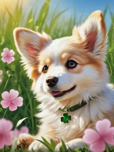 the pembroke welsh corgi,welsh corgi,pembroke welsh corgi,corgis,corgi,welsh corgi pembroke,cheerful dog,flower background,springtime background,spring background,welsh cardigan corgi,ein,spring leaf background,pomeranians,cute puppy,inu,pomeranian,dog illustration,easter dog,dog shetland sheepdog,Illustration,Realistic Fantasy,Realistic Fantasy 42