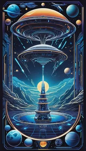 Alien, futuristic, decorative, luxurious, metallic, reflective, glowing blue lines, intricate carvings, neon lights, high-tech, sci-fi, space station, orbiting planet, stars in the background, 3D holo