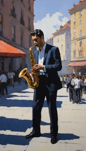 man with saxophone,saxophone playing man,saxophonist,saxophone player,trumpet player,accordion player,tenor saxophone,itinerant musician,saxophone,street musicians,musicians,jazz,baritone saxophone,flugelhorn,trumpeter,blues and jazz singer,trombone player,jazz club,saxhorn,street musician,Illustration,Paper based,Paper Based 05