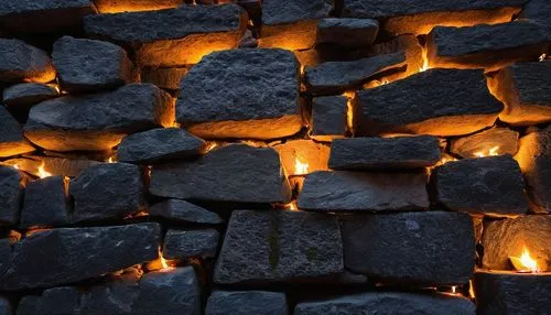 An extreme close-up of the castle's stone walls, where the ancient masonry is bathed in the warm, golden glow of torchlight. The texture of the stone is rich and detailed, with every crack and crevice