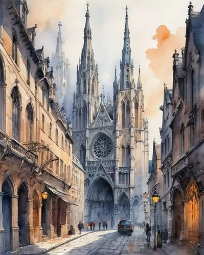 watercolor paris,reims,watercolor paris shops,metz,notre dame,notredame,notre,milan cathedral,chartes,markale,cathedrals,neogothic,burgos,gothic church,celona,prague,cathedral,saint michel,medieval street,dijon,Illustration,Paper based,Paper Based 25