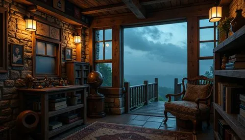 the cabin in the mountains,cabin,apothecary,wooden windows,evening atmosphere,small cabin,nook,alcove,inglenook,cottage,porch,front porch,upstairs,house in mountains,house in the mountains,windows wallpaper,abandoned room,bookcases,japanese-style room,study room